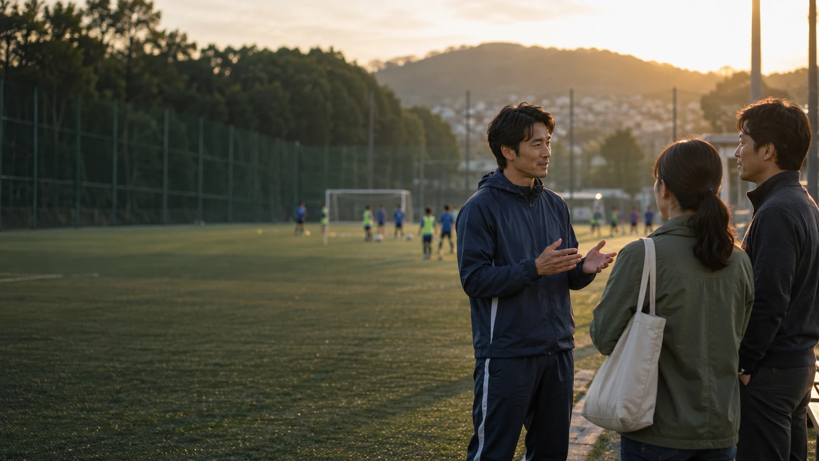 サッカーグラウンドで、クラブのコーチと保護者が落ち着いて話す場面