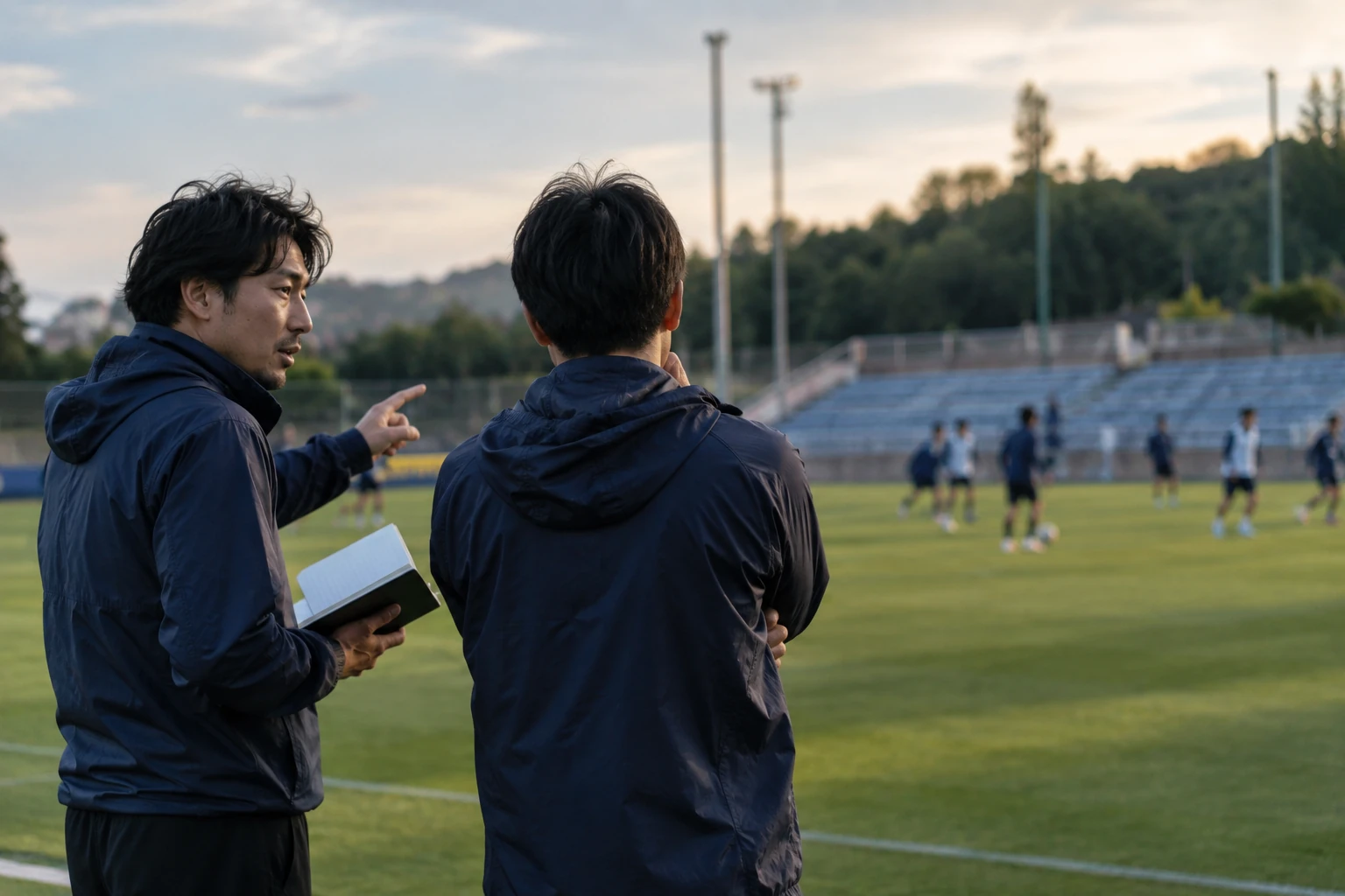 サッカーグラウンドを見渡しながら、クラブの未来について話す関係者